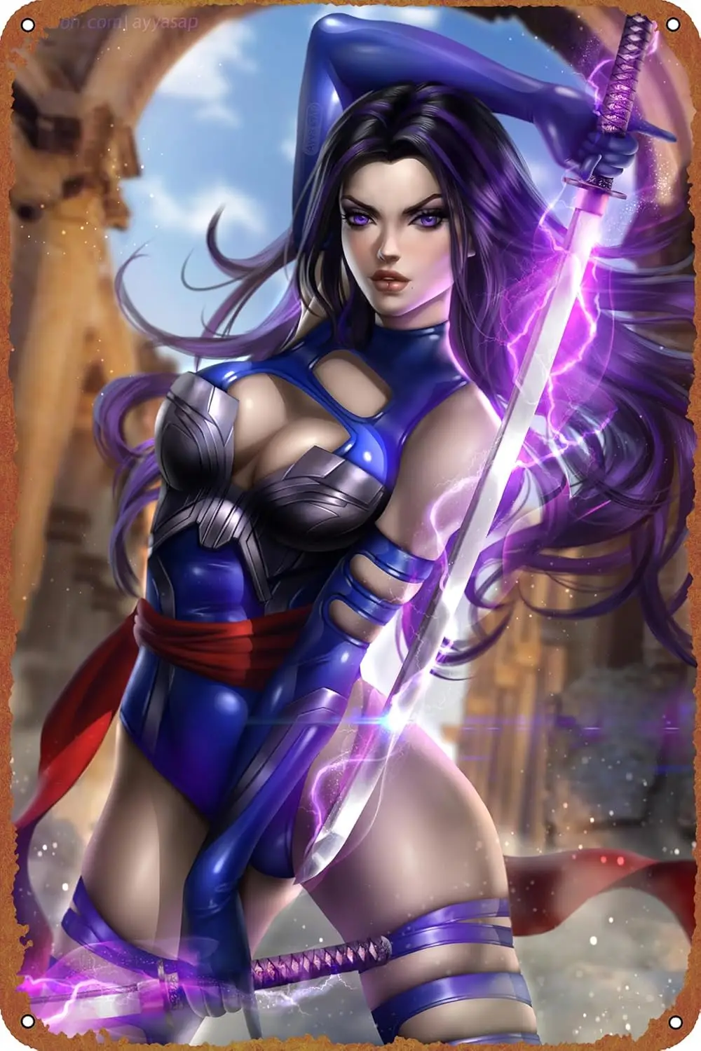 Psylocke (X-Men) Letrero de chapa Retro Póster de metal Arte Pared Decoración del hogar 8 x 12 pulgadas