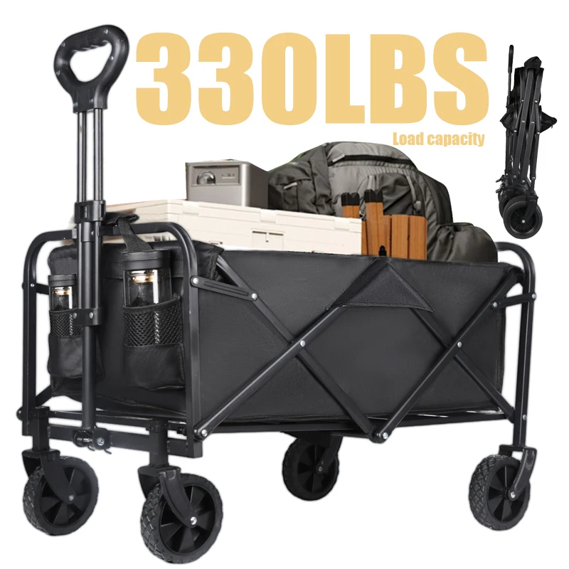 Chariot de camping pliable avec roues tout-terrain de 5 pouces et freins pour le transport de marchandises, les pique-niques, les courses, les voyages et le camping