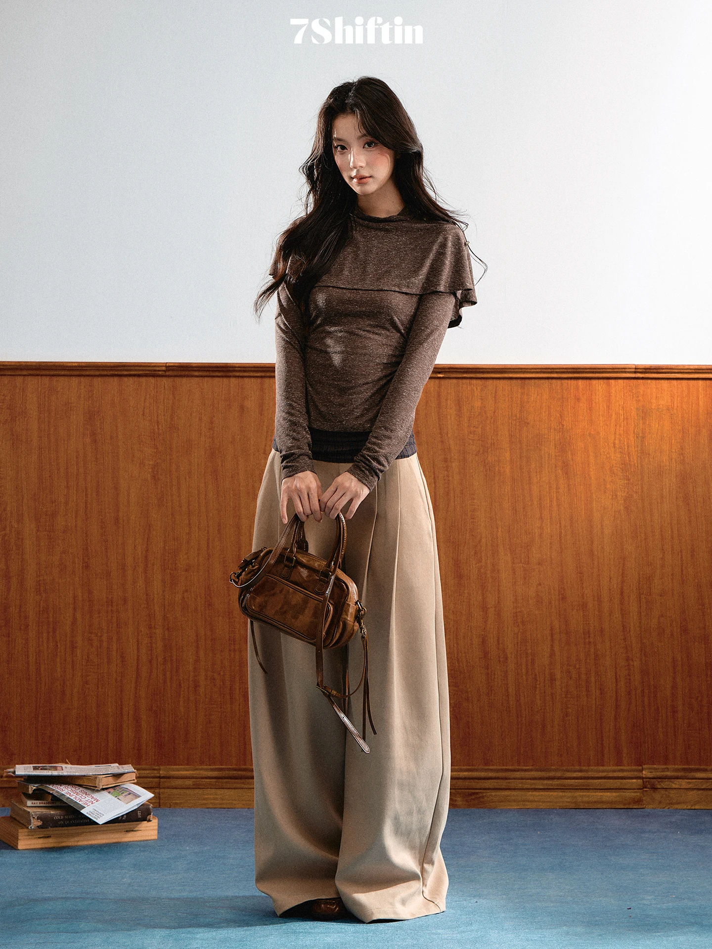 7Shiftin Original Design Wide Leg Plaid Patchwork Waist Casual Pants Drapey Color Block Loose Versatile Ladies Trousers