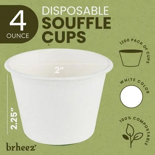 4 oz - Pack of 1200 Disposable Bagasse Fiber Souffle Cups Biodegradable & Compostable , Eco Friendly Paper Alternative - White