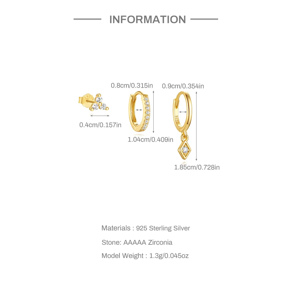 CANNER 3Pc 925 Silver Exquisite Four Leaf Flower Earrings Set For Women 18K Gold Octagonal Star Square Pendant Ins Fine Jewelry