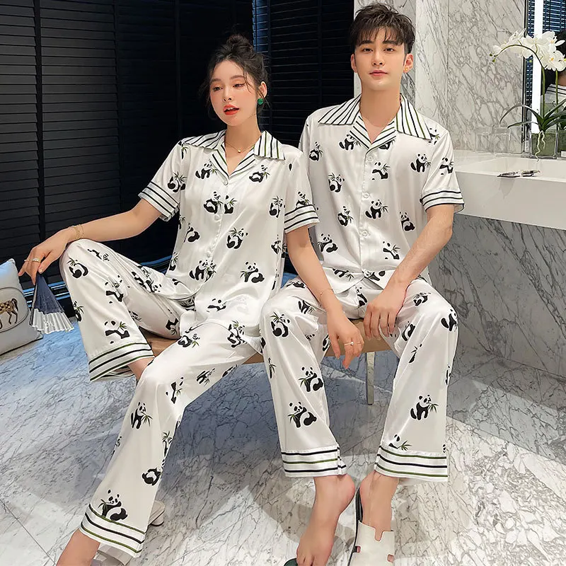 Summer Cartoon Panda Printed Satin Couple Pajamas Sleepwear Men Short Sleeve Shirt Pants Pyjamas Women Loungewear Homewear