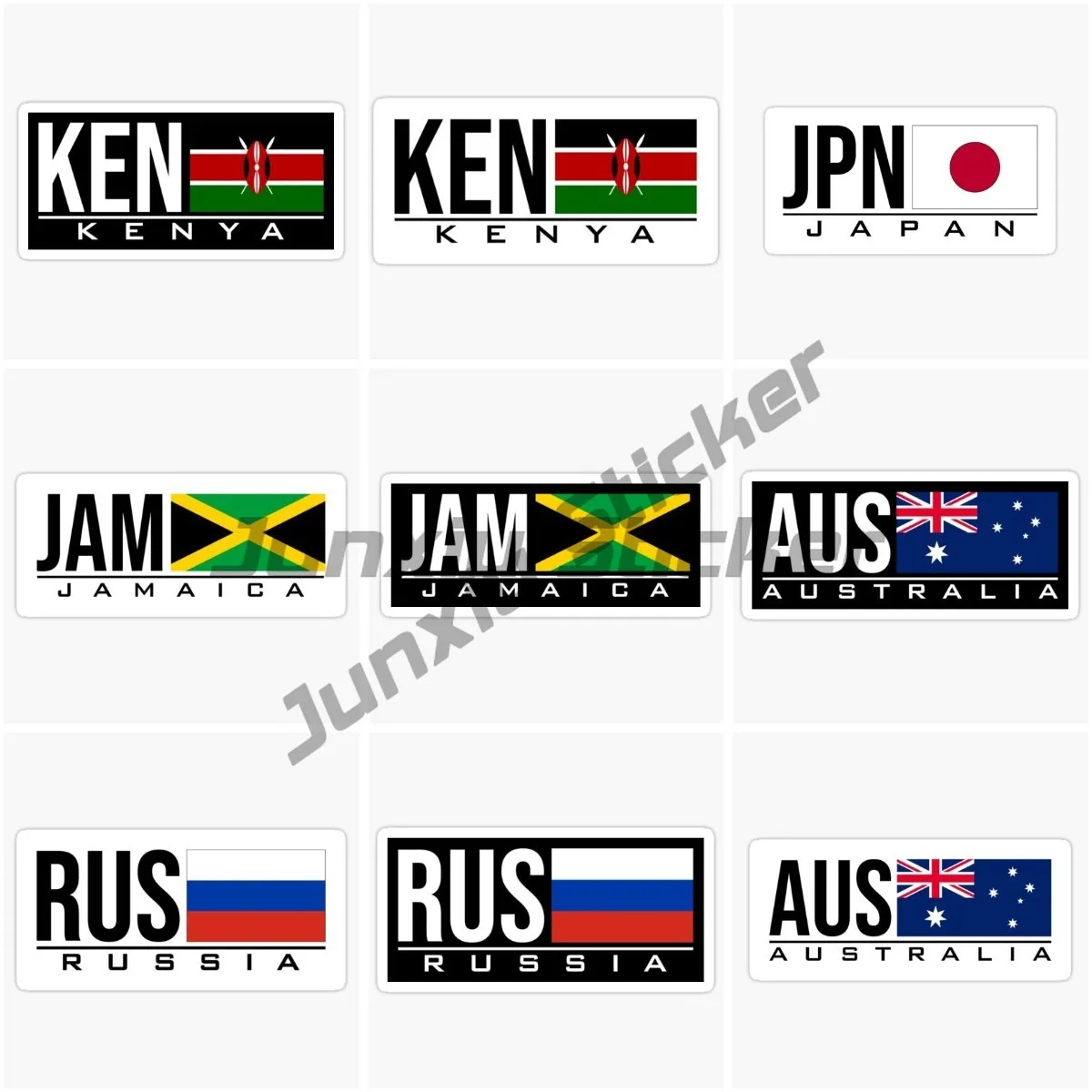 KEN Kenya JPN Japan JAM Jamaica AUS New Zealand RUS Russian Flag and Code Abbreviation Car Stickers Vinyl Self Adhesive Decals