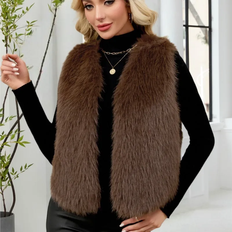 Sleeveless Fur Fluffy Long Coats Outwear Retro Womens Faux Fur V-neck Vest 2025 Winter Thicken Warm Loose Size Waistcoat Jackets
