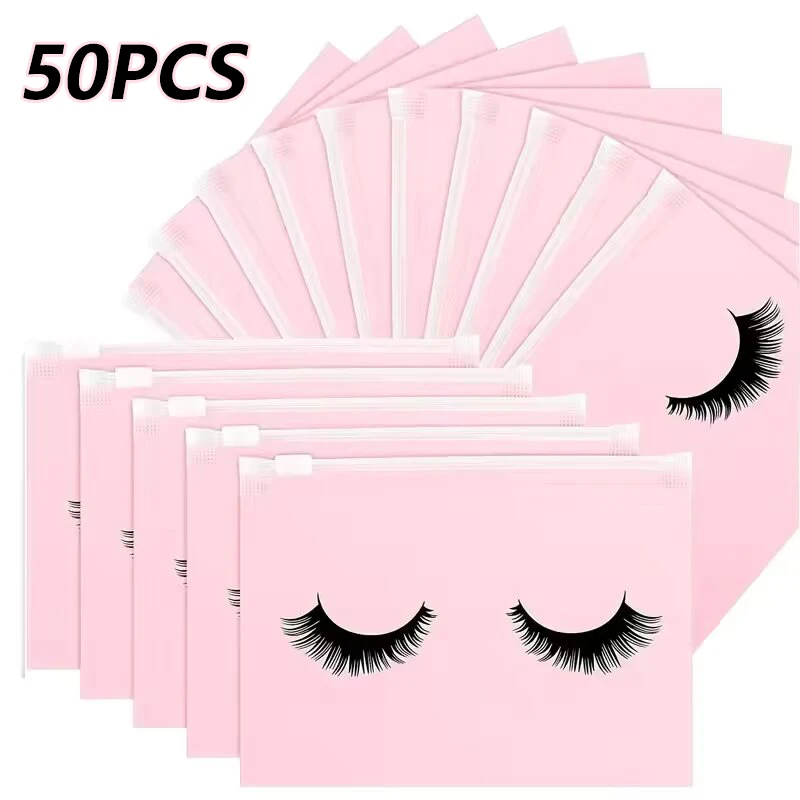 50PCS Waterproof Eyelash Aftercare Bags with Zipper Lashes Toiletry Makeup Pouch Cosmetic Travel Beauty Supplies Gift Packaging