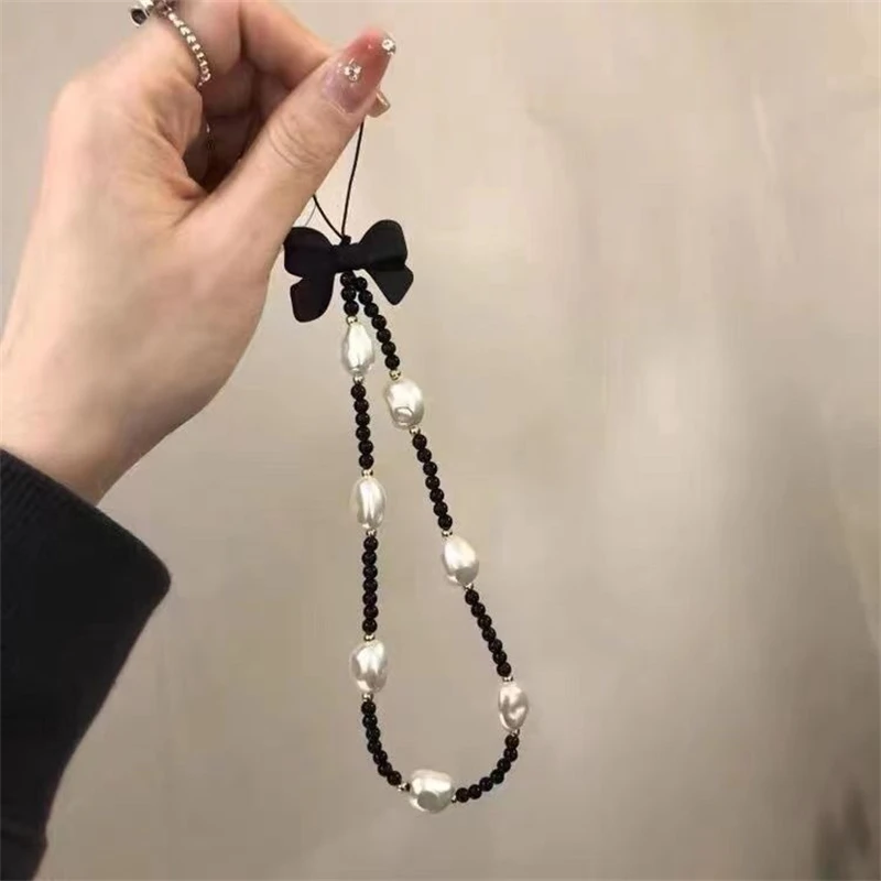 Retro Bowknot Pearl Phone Charm Strap Flower Bead Pendant Korean Bracelet For iPhone Samsung Accessories Hanging Rope For Girl