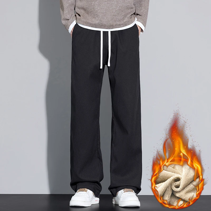 Celana Fleece Pria Musim Dingin Model Lurus Kasual Tebal Berbahan Beludru Hangat dengan Tali Serut Celana Panjang Lebar Merek Pria