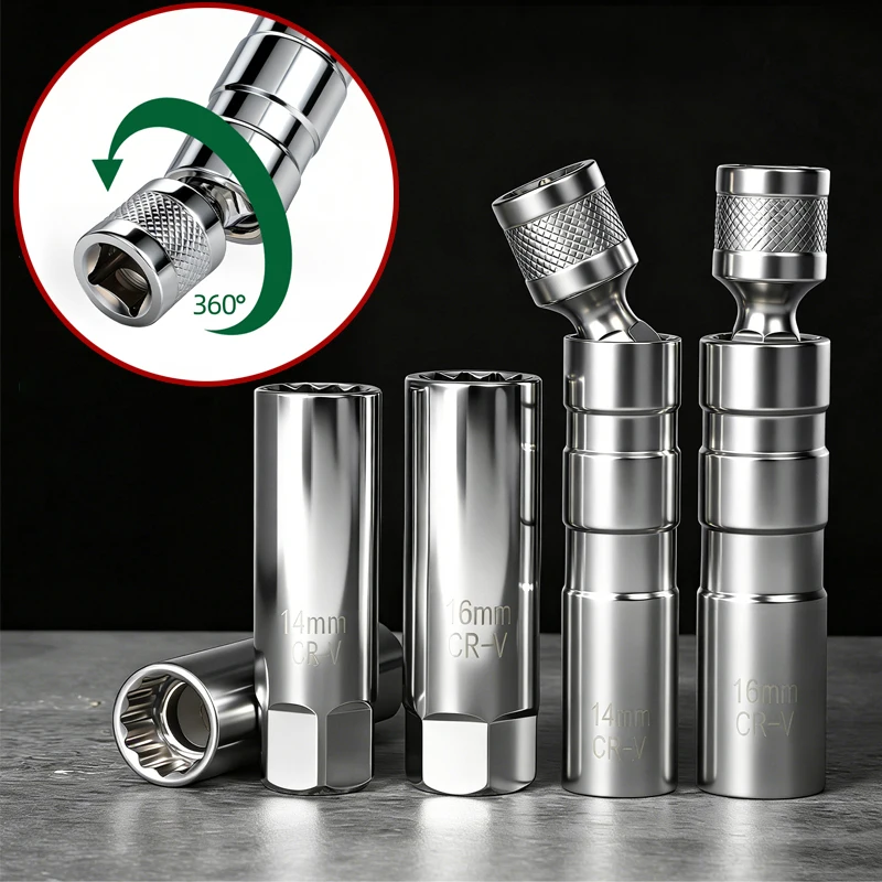 14/16mm Motor Spark Plug Socket Wrench 3/8 Joint Magnetic 360° Swivel Socket Install Replace Repair Removal Tool for Automotive