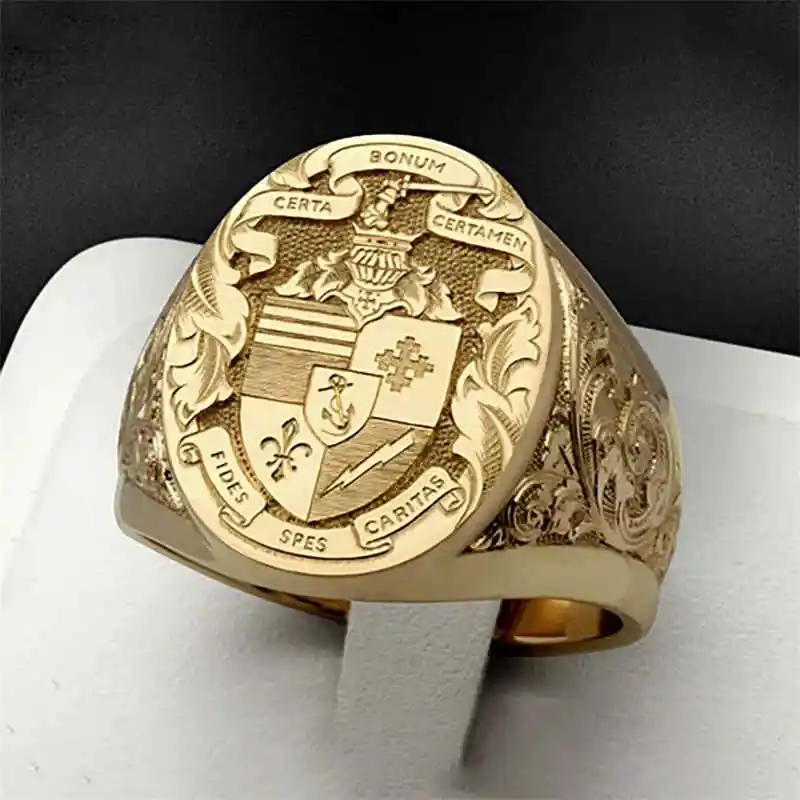 Anillo de padrino tallado vintage de oro amarillo de 18 quilates explosivo, anillo de boda de compromiso para hombres mayores