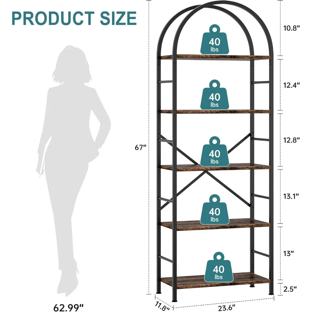Shintenchi Estantería, Estantería arqueada Librería de 5 niveles, Estante alto para CD/Libros, Organizador de almacenamiento de estante de oficina en casa, Bo moderno