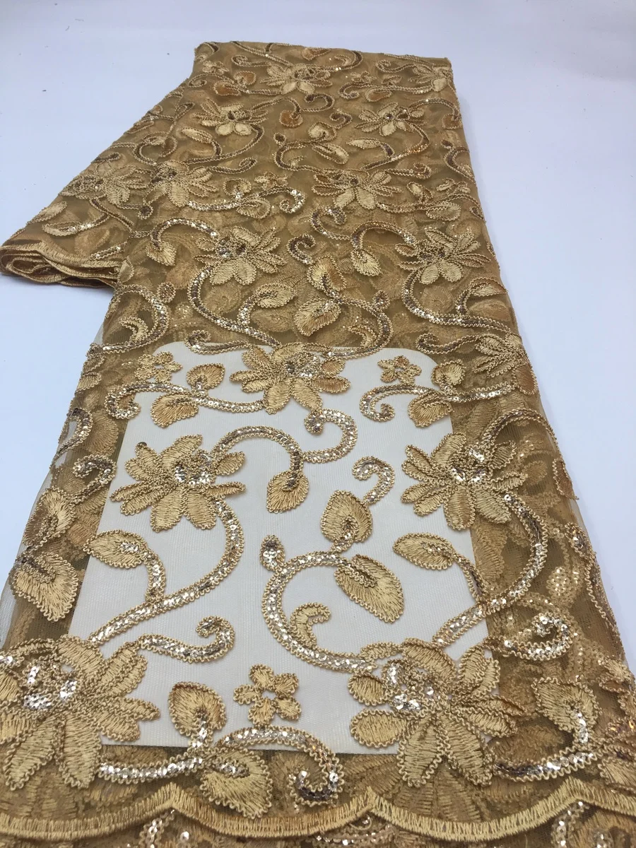 

Gold New Design French Mesh Lace Fabric 2022 Fashion High Quality Sequins African Tulle Lace Fabric For Wedding Dress PYX2219