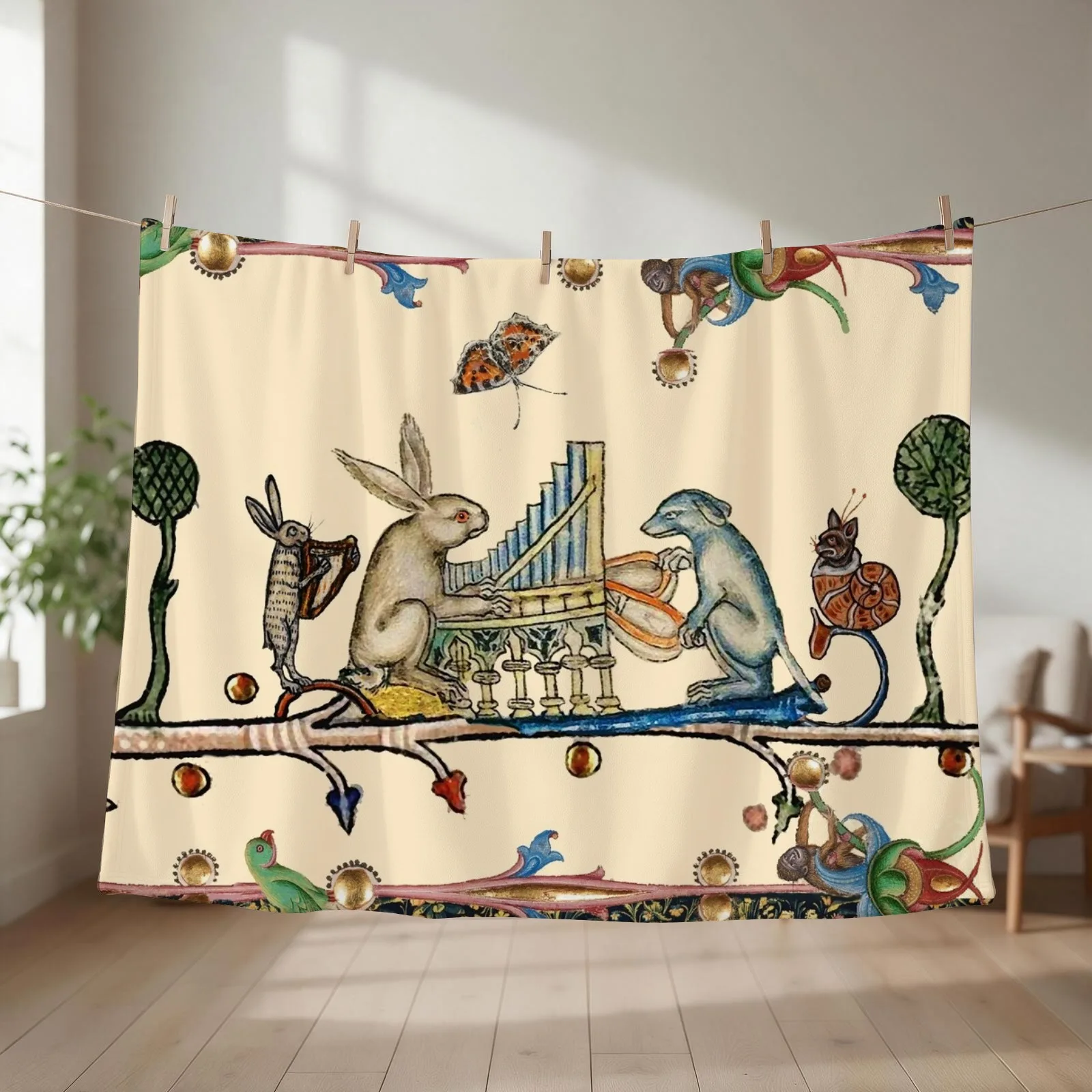 WEIRD MEDIEVAL BESTIARY MAKING MUSIC,White Rabbit And Dog Playing Organ,Harpist Hare,Snail Cat Throw Blanket