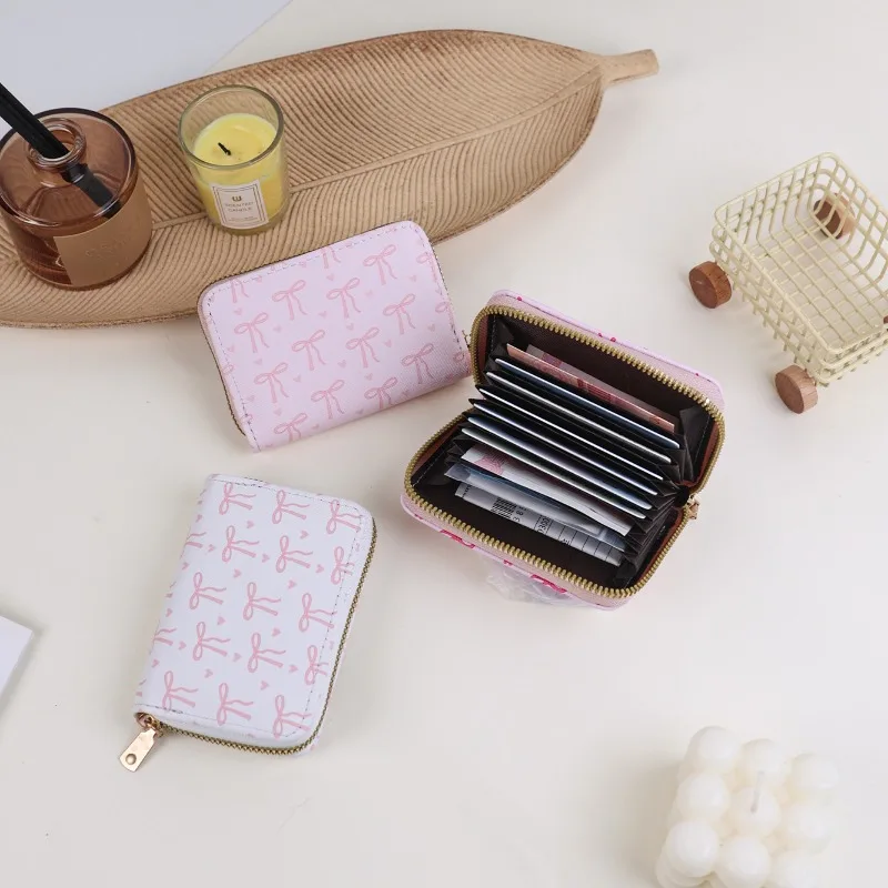 Korean style Multi-slots Zipper Mini Coin Purse Pink Sweet Bowknot Card Holder Women Girls PU Leather Portable Travel Wallet LIJ