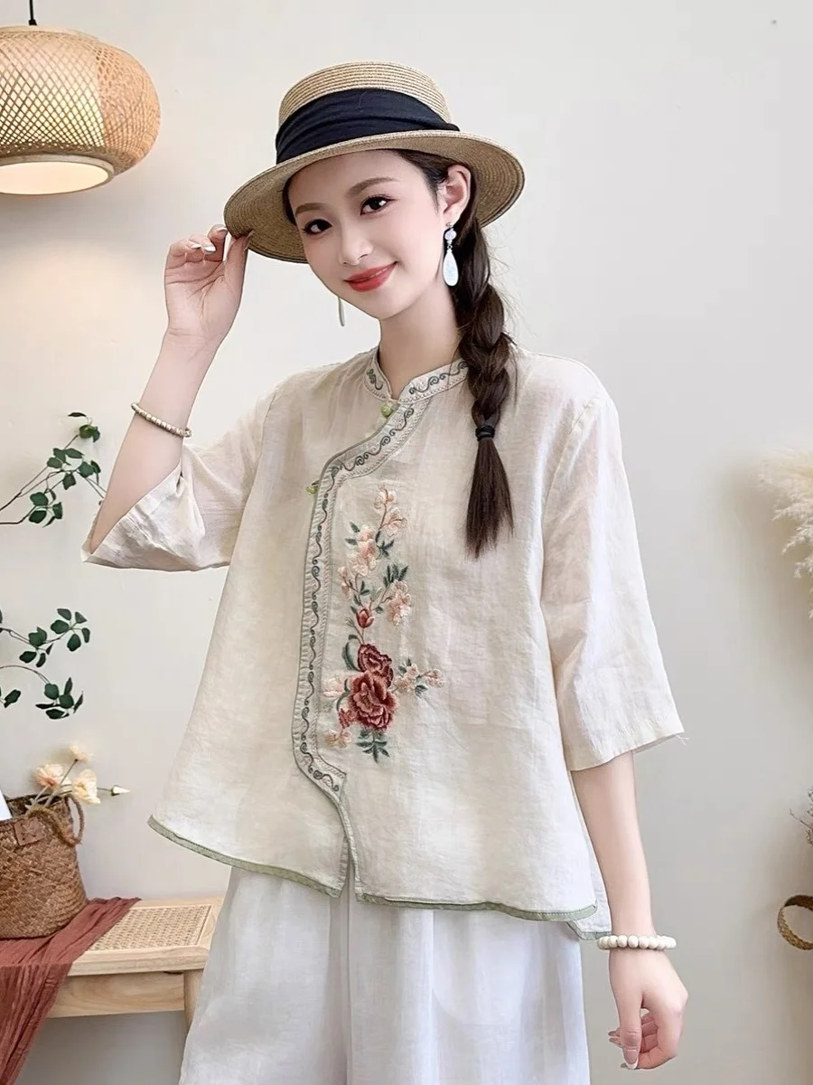 Artistic Retro Cotton Linen irt New Chinese Sle Peony Embroidery Stand Collar Top Summer New Arrival Women's Busin Cas...