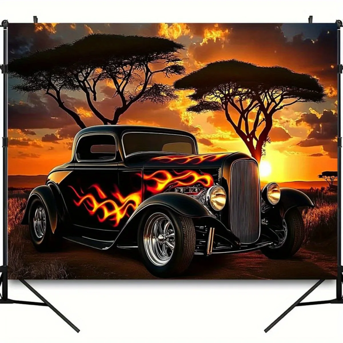 hot rod car sunset tapestry classic vehicle flame paint african savanna landscape