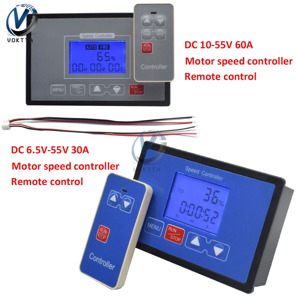 

DC 6.5V-55V PWM DC Motor Speed Controller LCD Digital Display 0~100% Speed Governor Wireless Remote Control Voltage Regulator