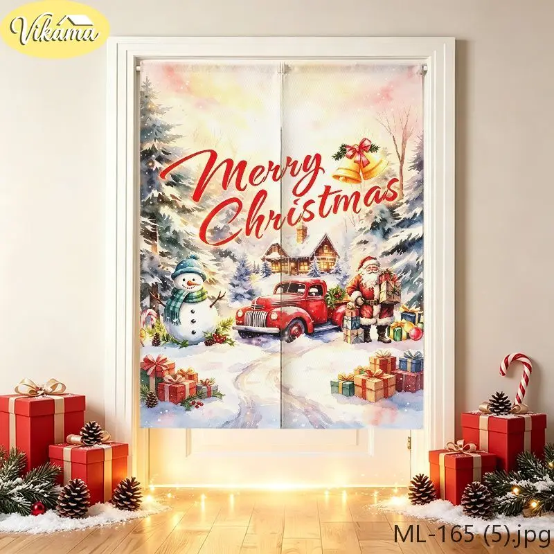 VIKAMA Merry Christmas Red Truck Two Santas Snowman Door Curtain, HD Print Easy Hang Festive Door Cover, Winter Decor