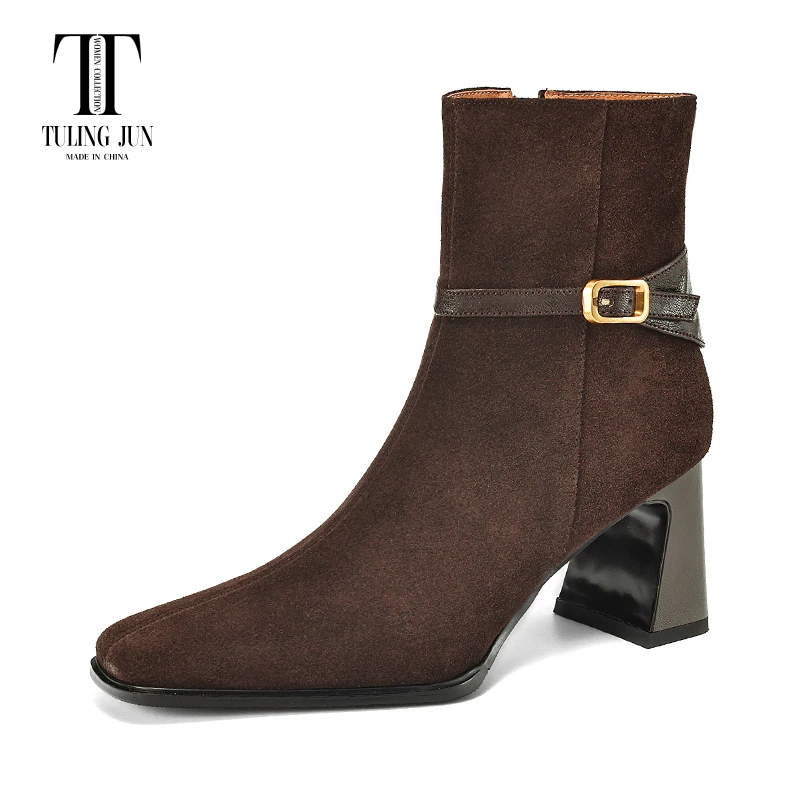 

TULING JUN 2024 Winter Concise Female Square Head Elegant Zip Ankle Boots Solid Color High Heels Shoes For Women T-M2607