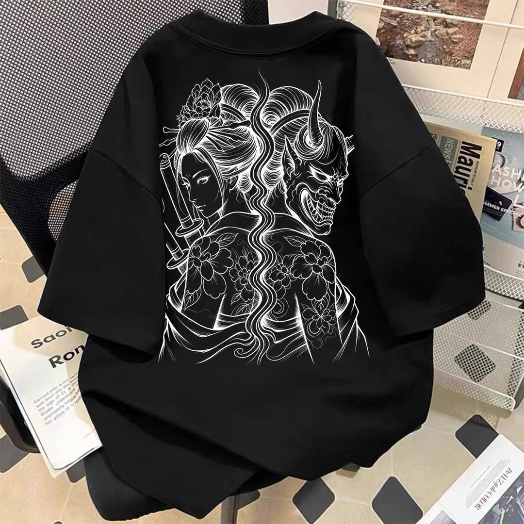 Japanese Irezumi Tattoo Tee Geisha and Hannya Mask Floral Sword Print Harajuku Aesthetic Loose Oversized Short Sleeve T Shirt