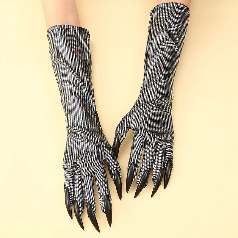 Black Silvery Long Nails Gloves Horror Devil Cat Girl Halloween Party Mardi Gras Masquerade Costume Accessories Long Mitten