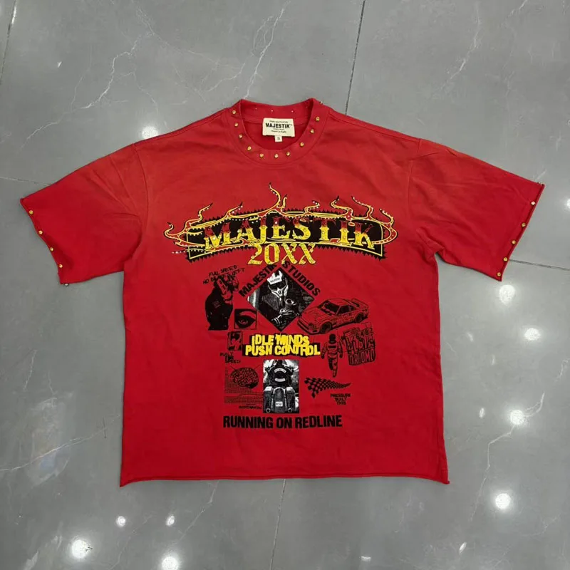Men Hip Hop Washed Red Majestik T‑Shirt Racing Collage Graphic Rivet Rhinestone Decor Casual Tee Tops