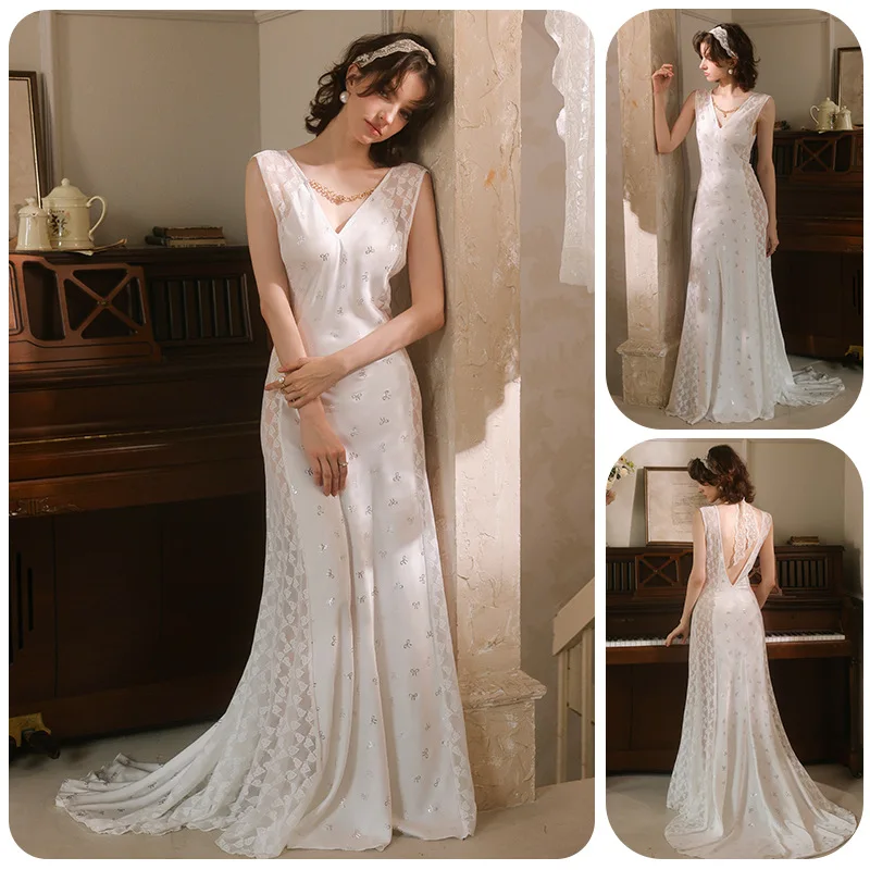 Light Luxury Satin Sexy Lace Trailing Nightdress Deep V Backless Sleeveless Long Dress Retro Elegant Slim Loungewear