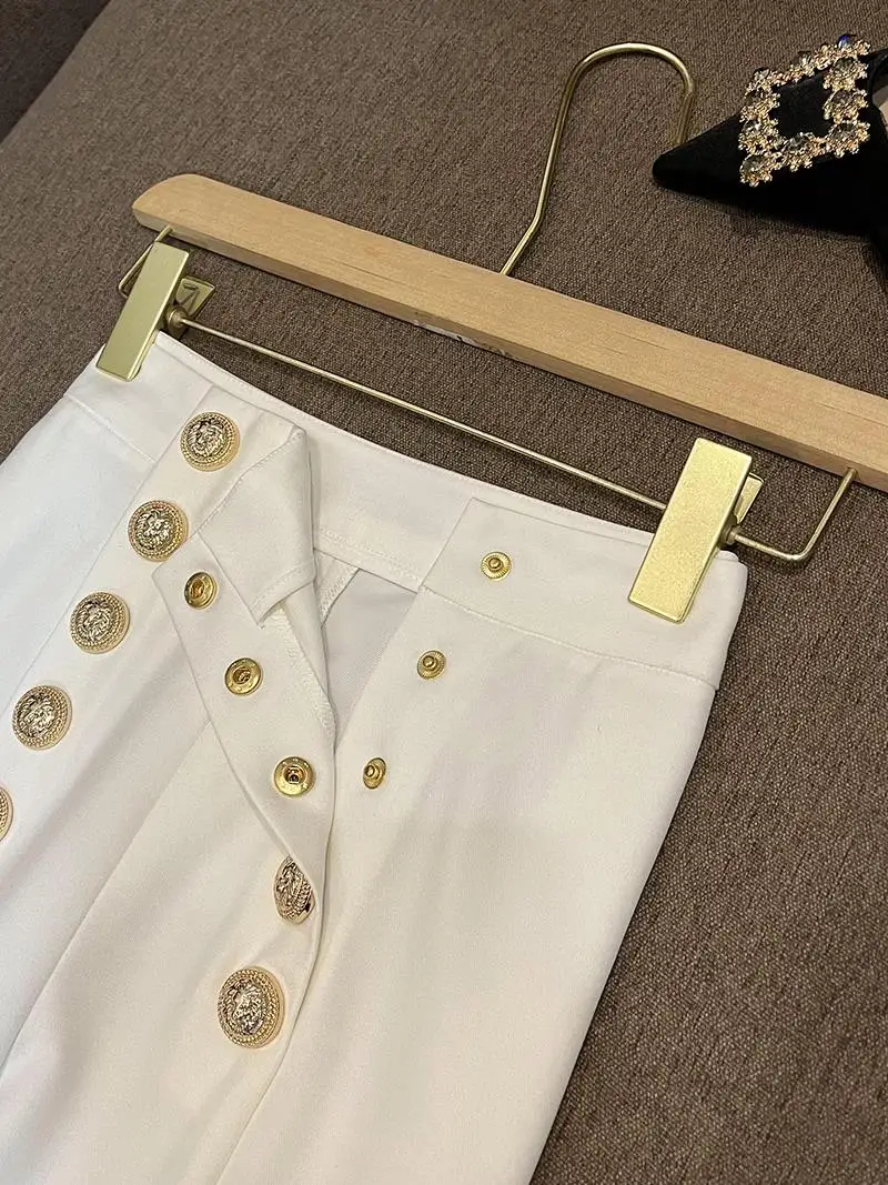 Busin Commute Faion Casual Straight Leg Women's Trousers Double Row Loose D6339 High Waist Asymmetric Button Detail