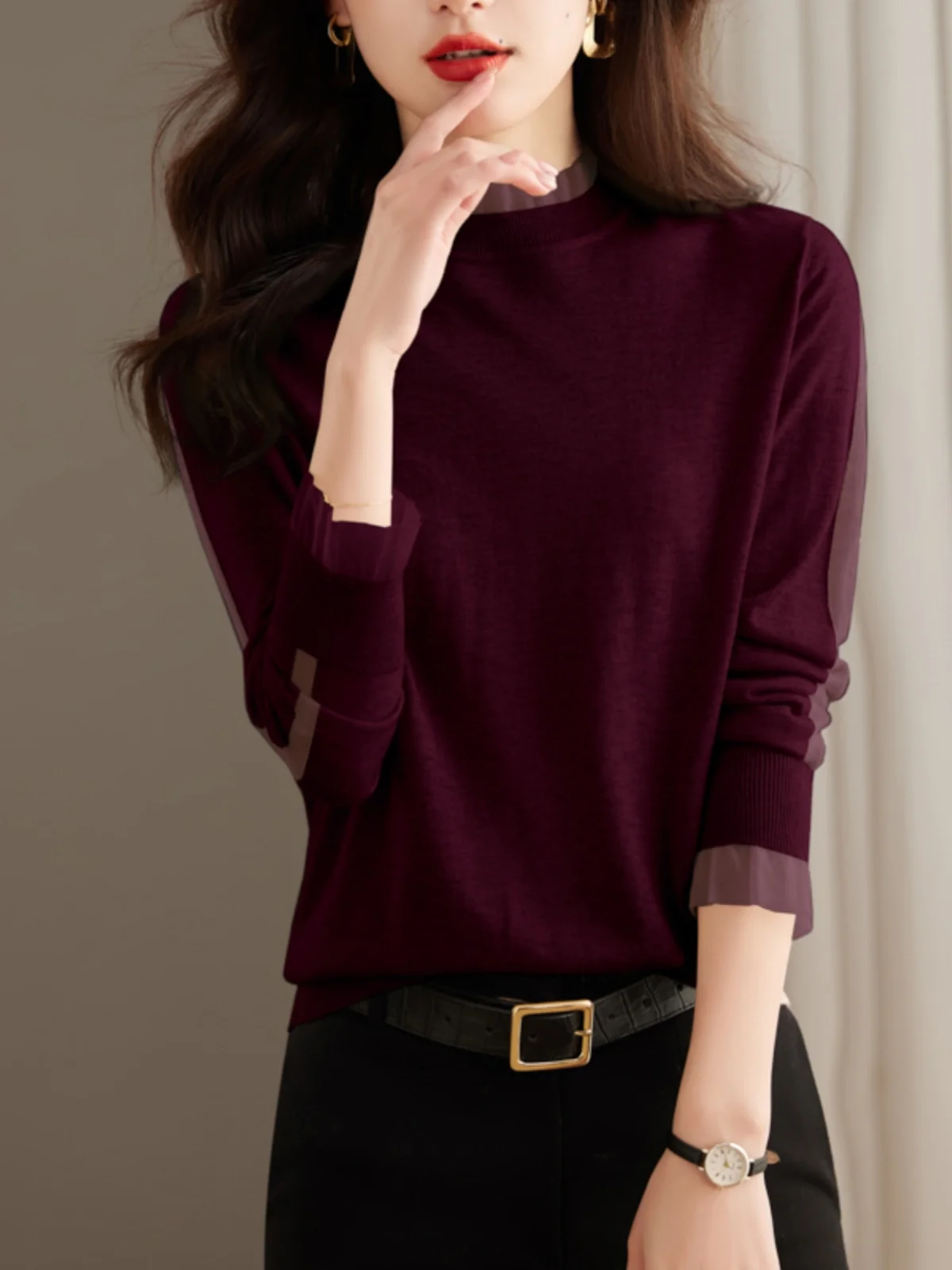 سترة نسائية محبوكة بياقة عالية وقاعدة irt ملابس داخلية حلوة Sle بقصة ضيقة طويلة Sve لون نقي ماركة صينية