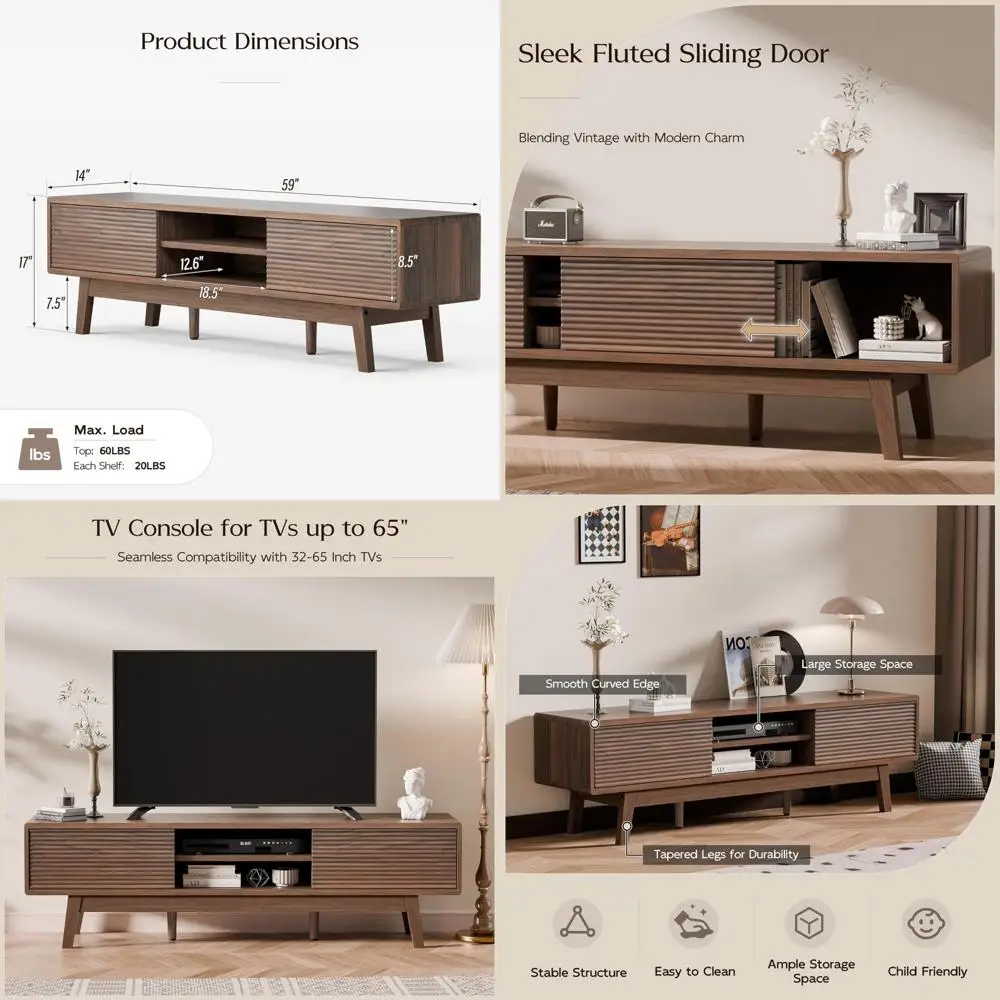 Mid Century Modern Low Profile TV Stand for 55-65 Inch TVs with Fluted Sliding Doors and Bohemian Style
