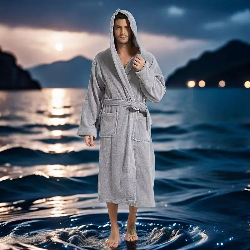 Hooded Bathrobe for Men, 100% Cotton, Long Terry Towel, Big and Tall Towel, Male Terry Cloth, Bath Robe, Sleeping Dressing Gown