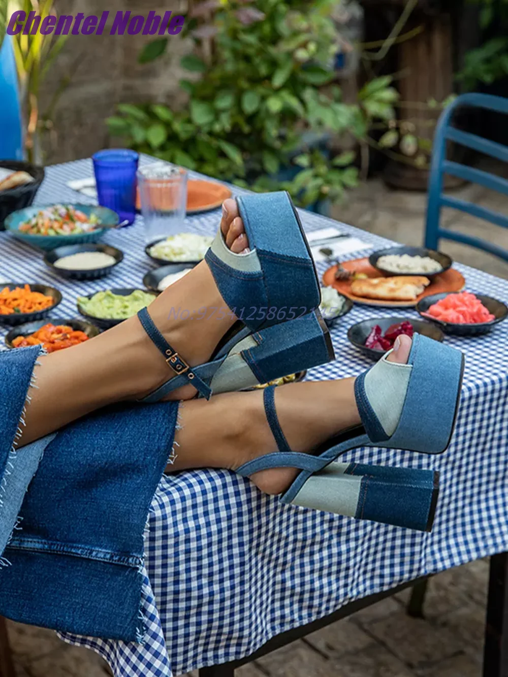 

Cowboy Retro Platform Sandals Worn-out Summer Dress Denim Women Shoes Lady Chunky Ankle Strap Round Open Toe Splicing MIxed