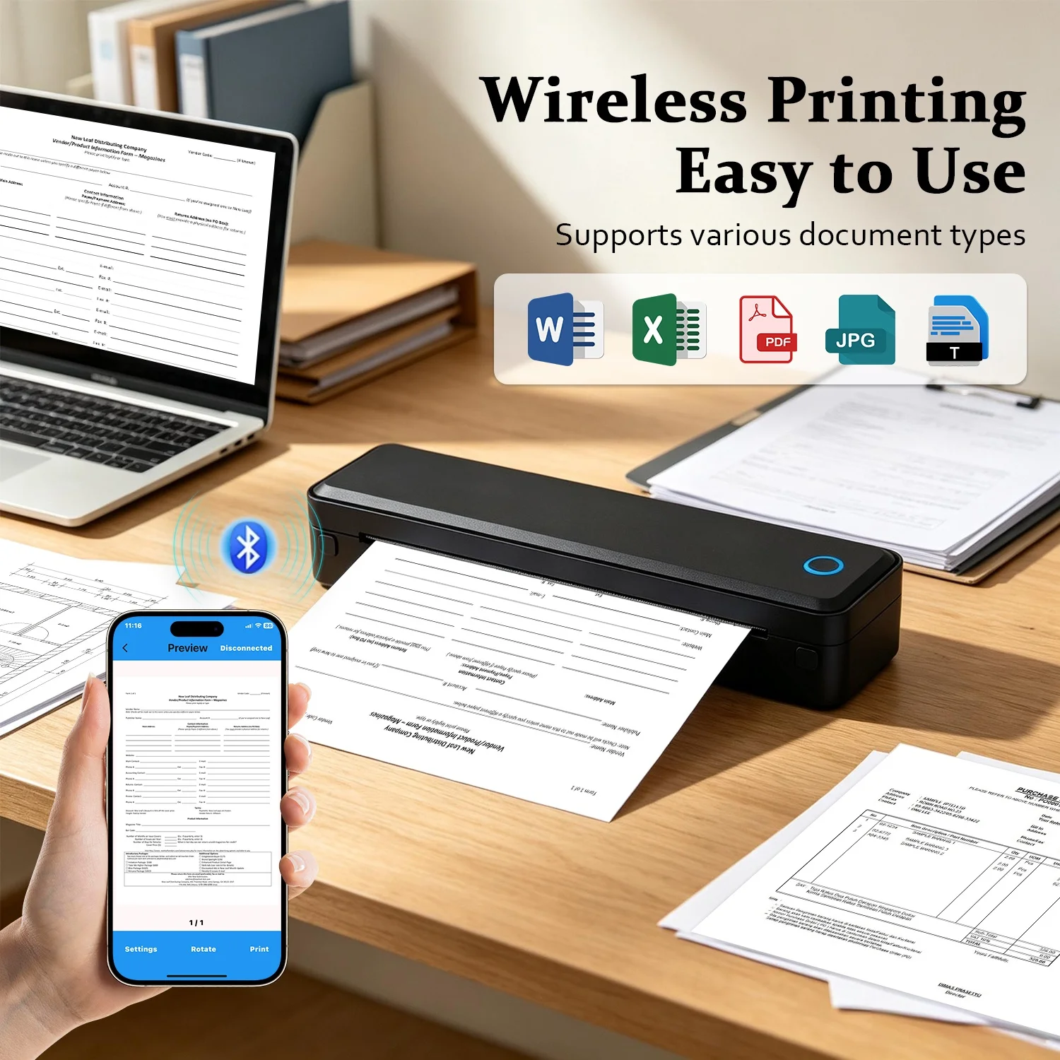 A4 Bluetooth Business Travel Print Anywhere Inkless 203DPI Portable Rechargeable Thermal Printer Supports Bluetooth and USB