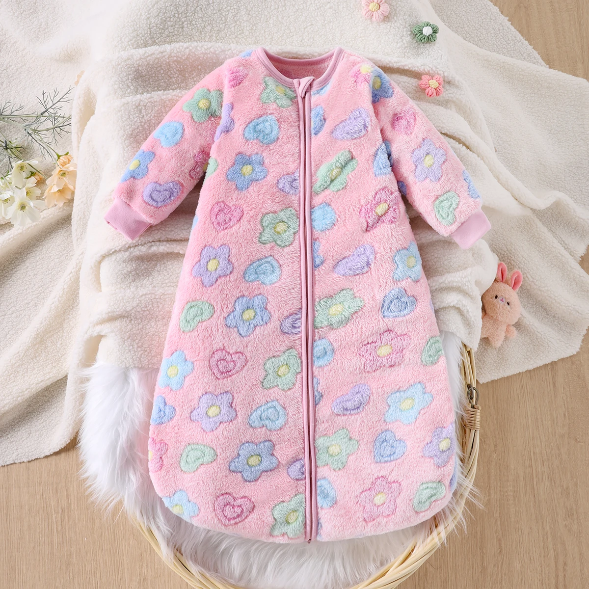 

1 шт., плюшевый спальный мешок для новорожденных с ярким цветочным принтом и длинными рукавами на молнии, милый и повседневный осенне-зимний сезон.