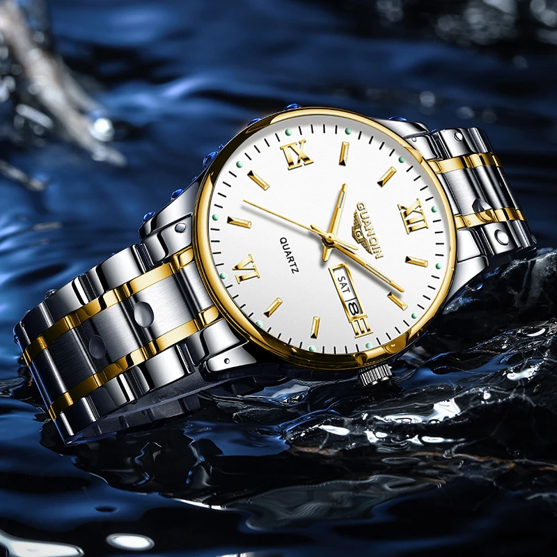 Luxury Men Quartz Watch GUANQIN Brand Stainless Steel Case Date Week Business Leisure 50M Waterproof Luminous Wristwatches