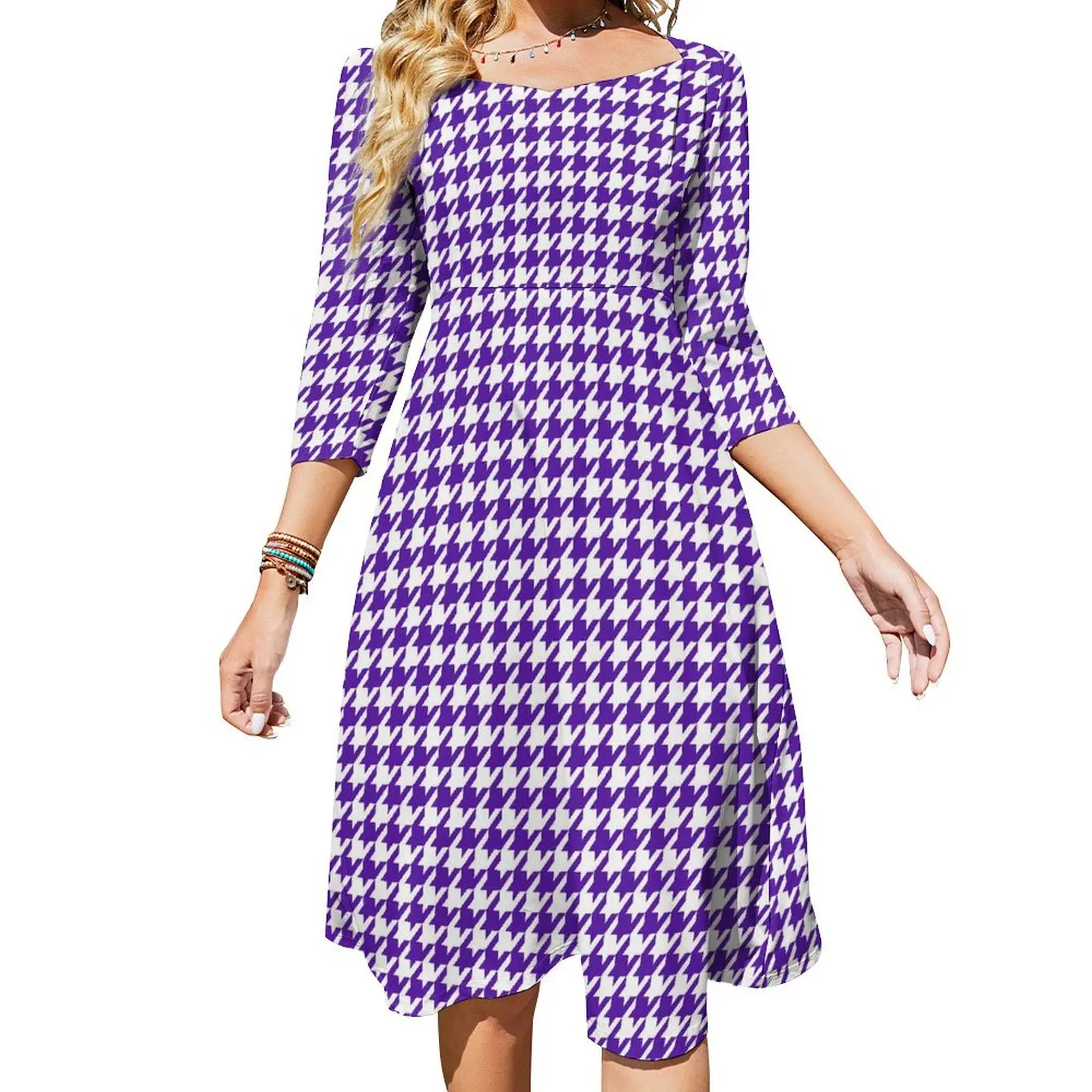 Houndstooth Casual Dress Female White And Purple Aesthetic Dresses Trendy Dress With Bow Summer Oversized Clothes