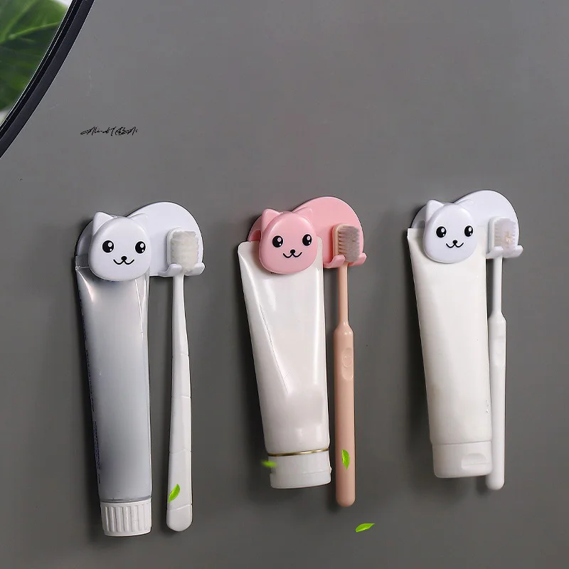 

Plastic Cat Shaped Toothbrush Holder Non Perforated 2 In 1 Toothbrush Toothpaste Rack Wall Mounted Facial Cleanser Storage Clip