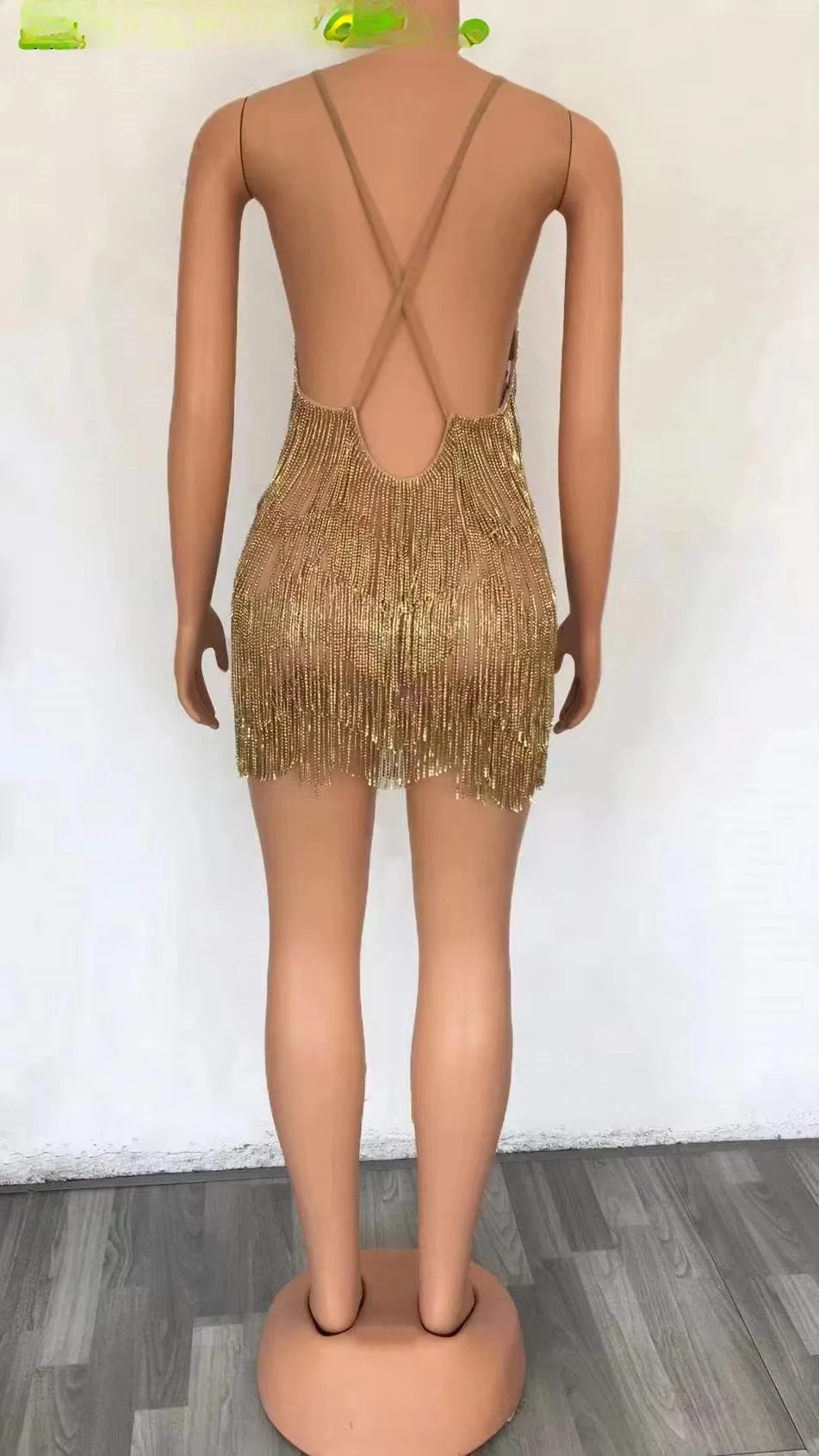 Sexy Tassel Package Big Diamond Tight  Show Host Singer Performance Clothes Long Jump Small V Latin