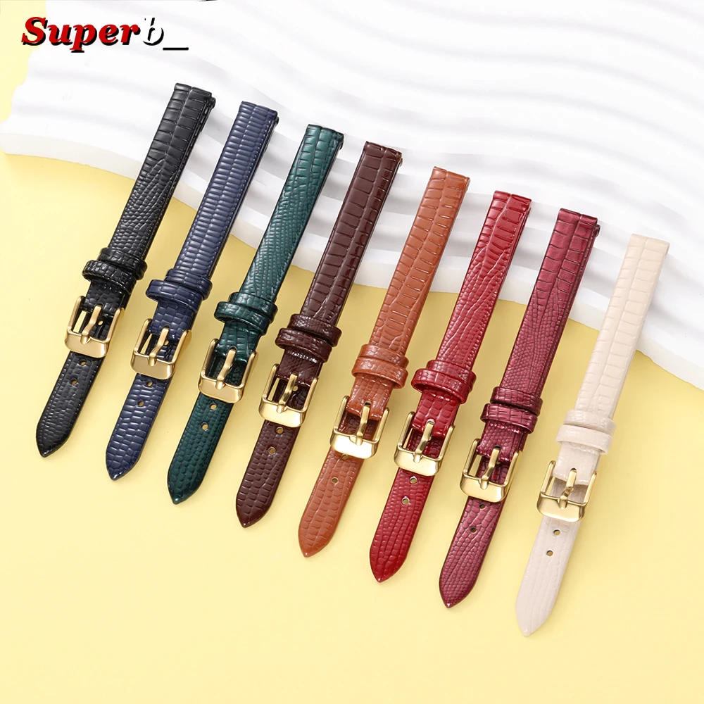 Ultra-thin Leather Wristwatch Band 8mm 10mm 12mm 14mm 16mm Lizard-patterned Leather Watch Strap Silver Pin Gold Buckle with Tool