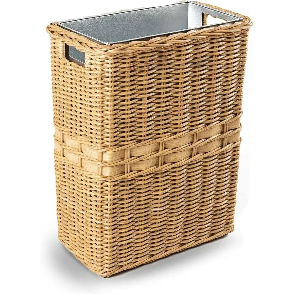 

Large Round Wicker Trash Bin with Metal Lining, 14.5 L x 9 W x 18 H, 7 Gallon Capacity, Sandstone