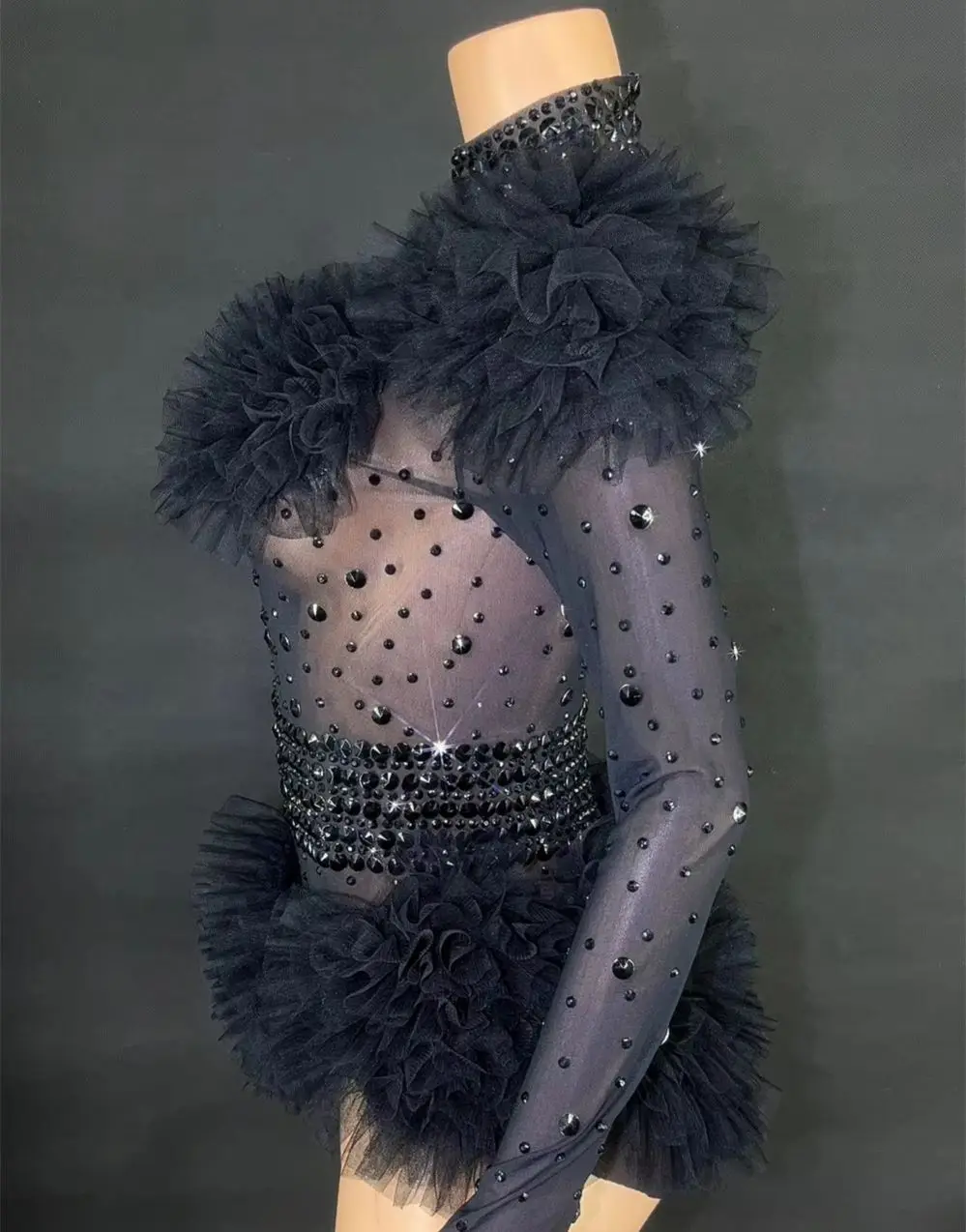 

ZD STOCK Cross-border rhinestone mesh sexy perspective stage costume nightclub bar tight celebrity performance jumpsuit