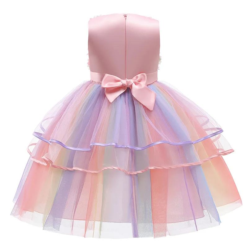 2025 Christmas Rainbow Rose Flower Tiered Cake Dress for Girls Summer Elegant Kids Birthday Party Wedding Evening Occasion Dress