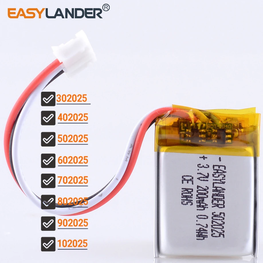 JST2.0mm 3Pin 3.7V 302025 402025 150mah 502025 602025 250mah 702025 802025 902025 Lithium Li Polymer Battery