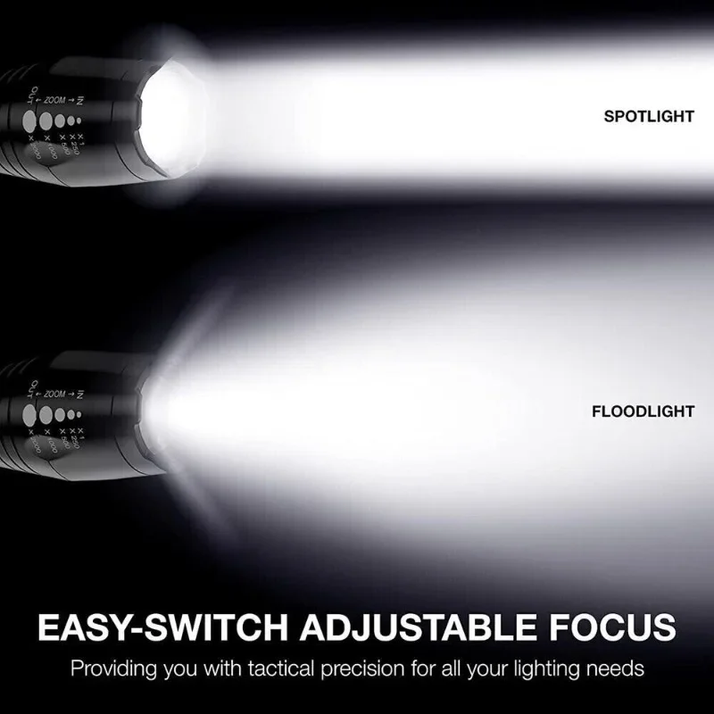 Rechargeable 800Lm LED Flashlight Tactical Super Bright Torch Zoomable 5 Modes Lantern Waterproof Emergency Use Camping Lamp