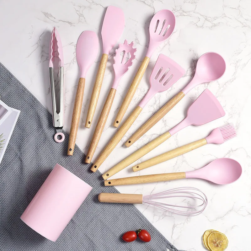 

12pcs Heat - Resistant Silicone Kitchen Utensil Set Non - Stick Tools Kitchenware Wooden Handle Kitchen Gadgets for Easy Cooking