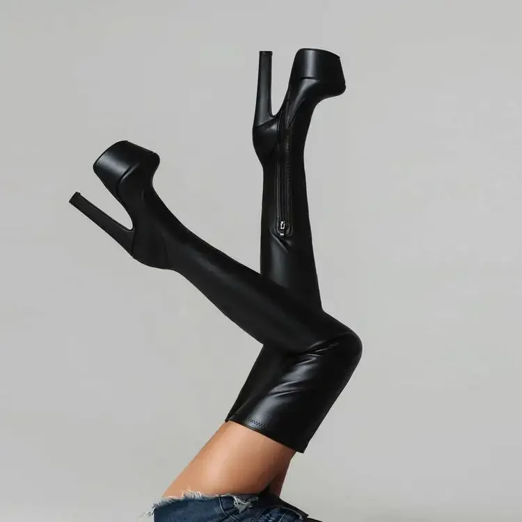 Red Sexy Women Thigh High Platform Boots High Chunky Heel Winter Club Dance Lady Zipper Round Toe Stretch Zipper Over Knee Boots