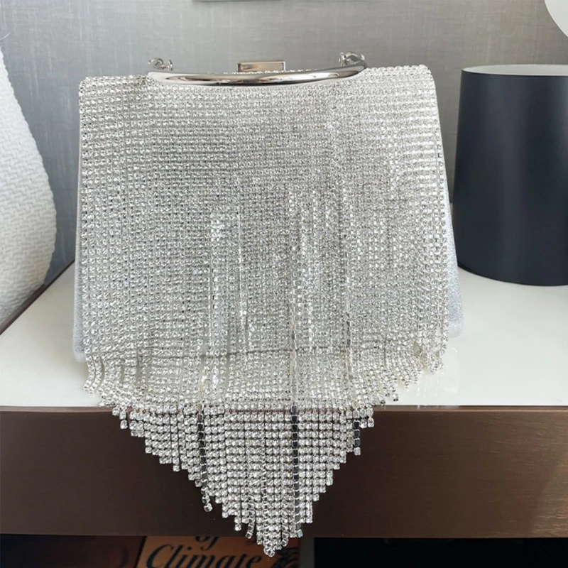 Women Rhinestone Tassel Evening Handbag Luxury Diamond Box Lady Elegant Party Prom Wedding Clutch Purse Chain Strap Shoulder Bag