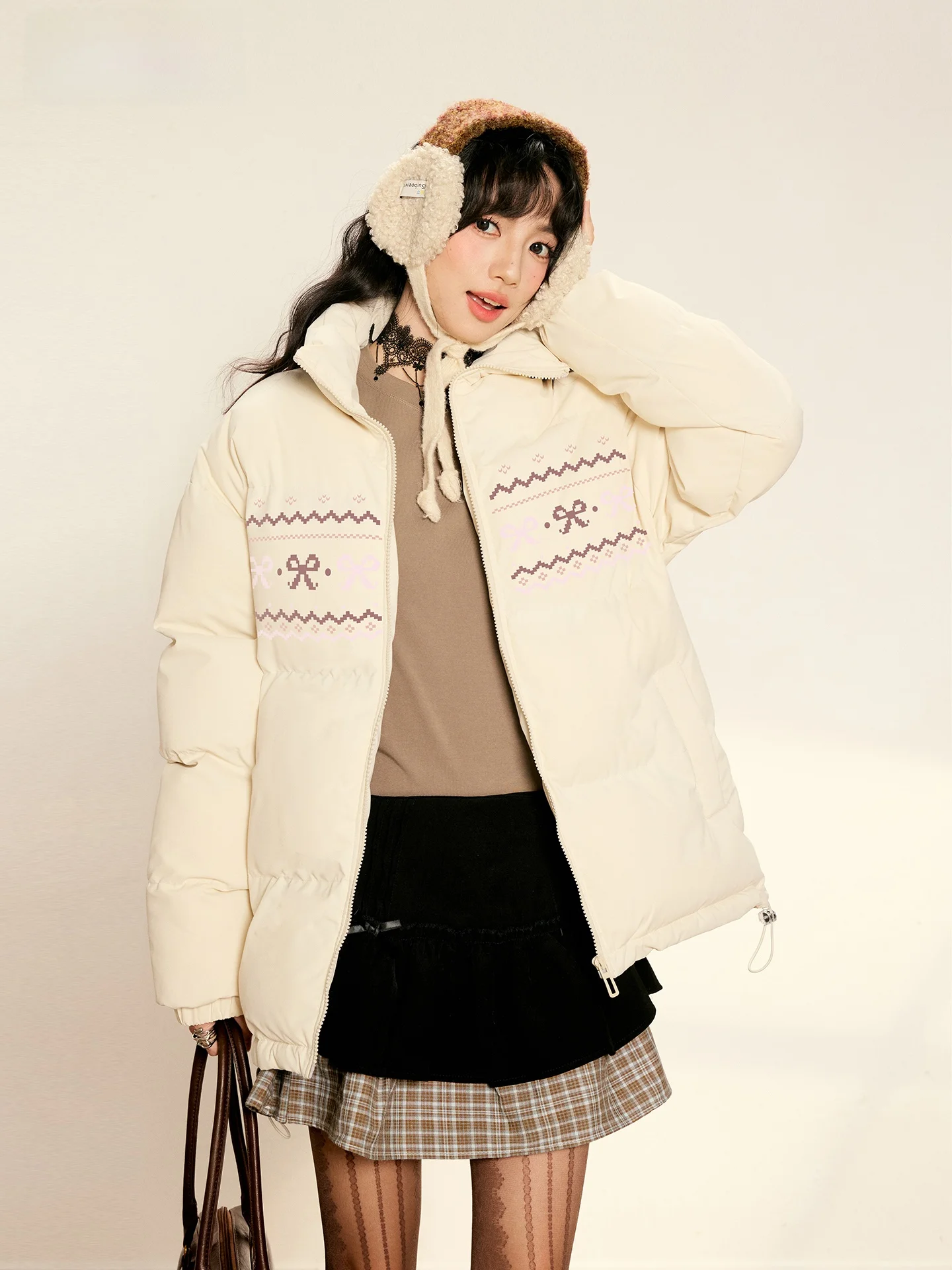 

Windproof Thi Cotton Jaet Women's Winter Warm Simple Knot Print Stand Collar Faionable Chinese Brand Clothing