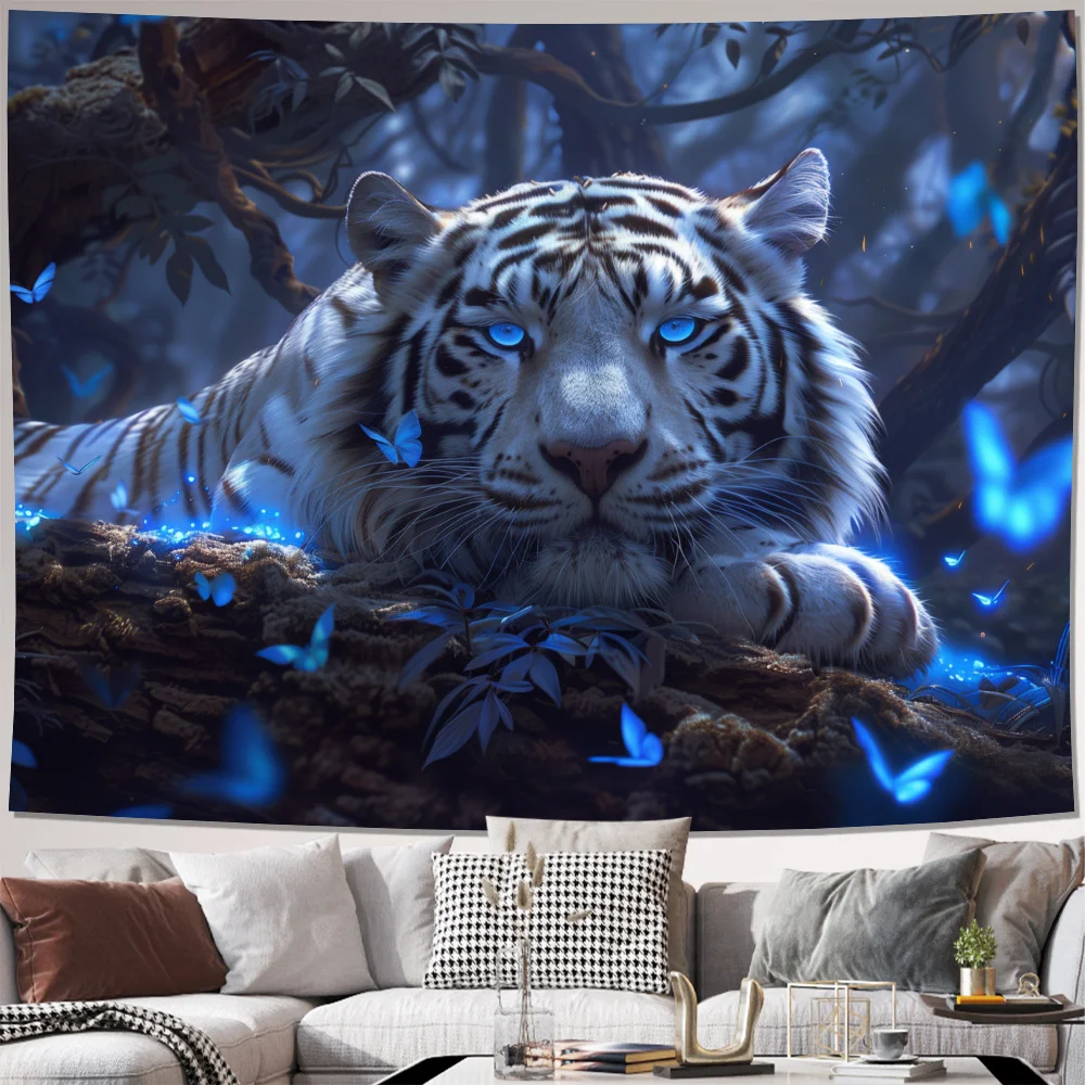 VIKAMA Fantasy Forest White Tiger Wandteppich Schmetterling Wohnzimmer Sofa Natürlicher Stil Kinderzimmer Geschichte Wand