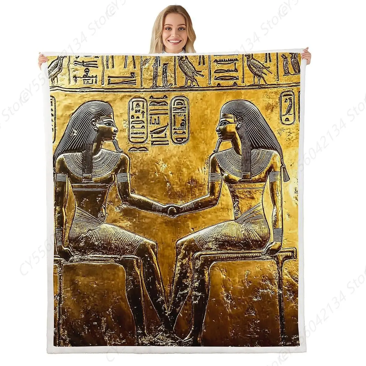 

Gold Egyptian Print Blanket Throw Ancient Egypt Style Blanket Old Egypt Hieroglyphics Pattern Fleece Blanket For Kids Adult