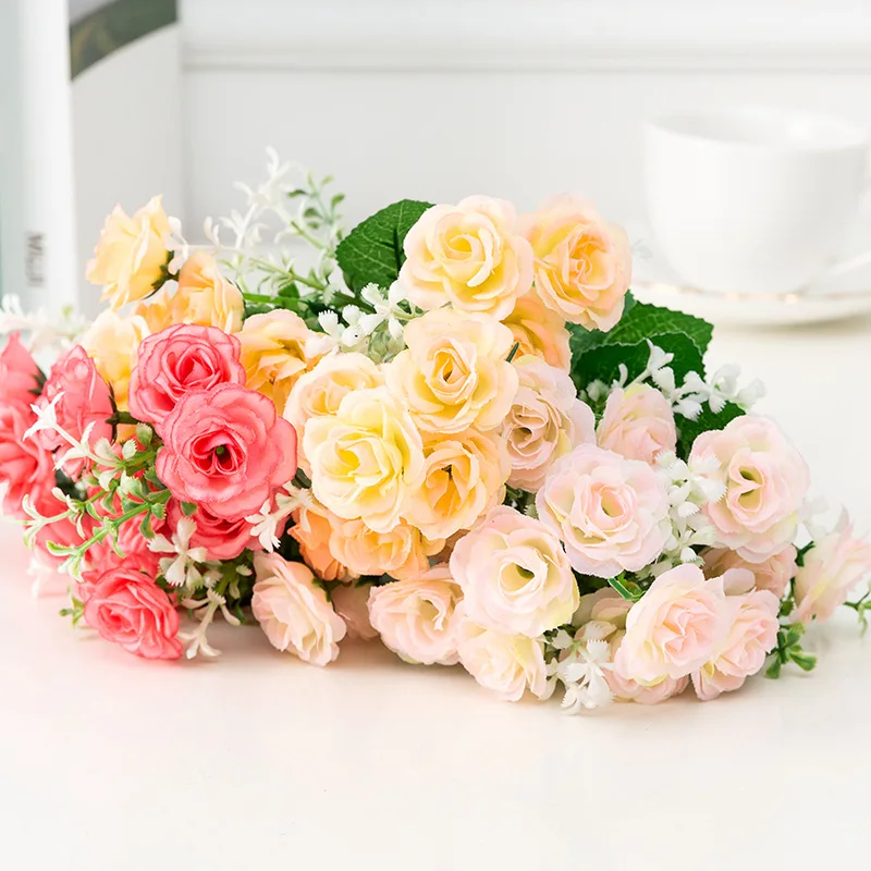 

Artificial flowers, miniature roses with 15 heads, suitable for home décor, bridal bouquets, and window displays